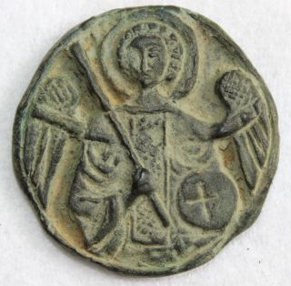 Ancient Byzantine Bronze Round Icon - St.  Michael 1200 - 1400 Ad - Excellent photo