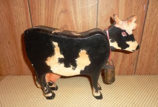Vintage Old Wooden Black And White Holstein Standing Cow With Bell,  Handmade. photo