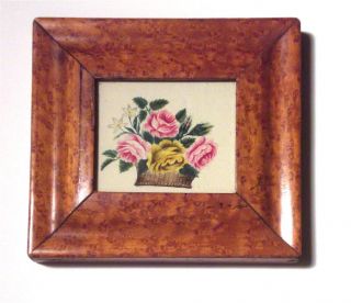 Nr Antique 19th Cent Miniature Theorem Basket Of Flowers,  Birds Eye Maple Frame photo