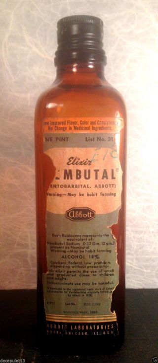 Vintage 1952 Nembutal Elixir Pentobarbital Sodium Bottle Narcotic Schedule Ii photo