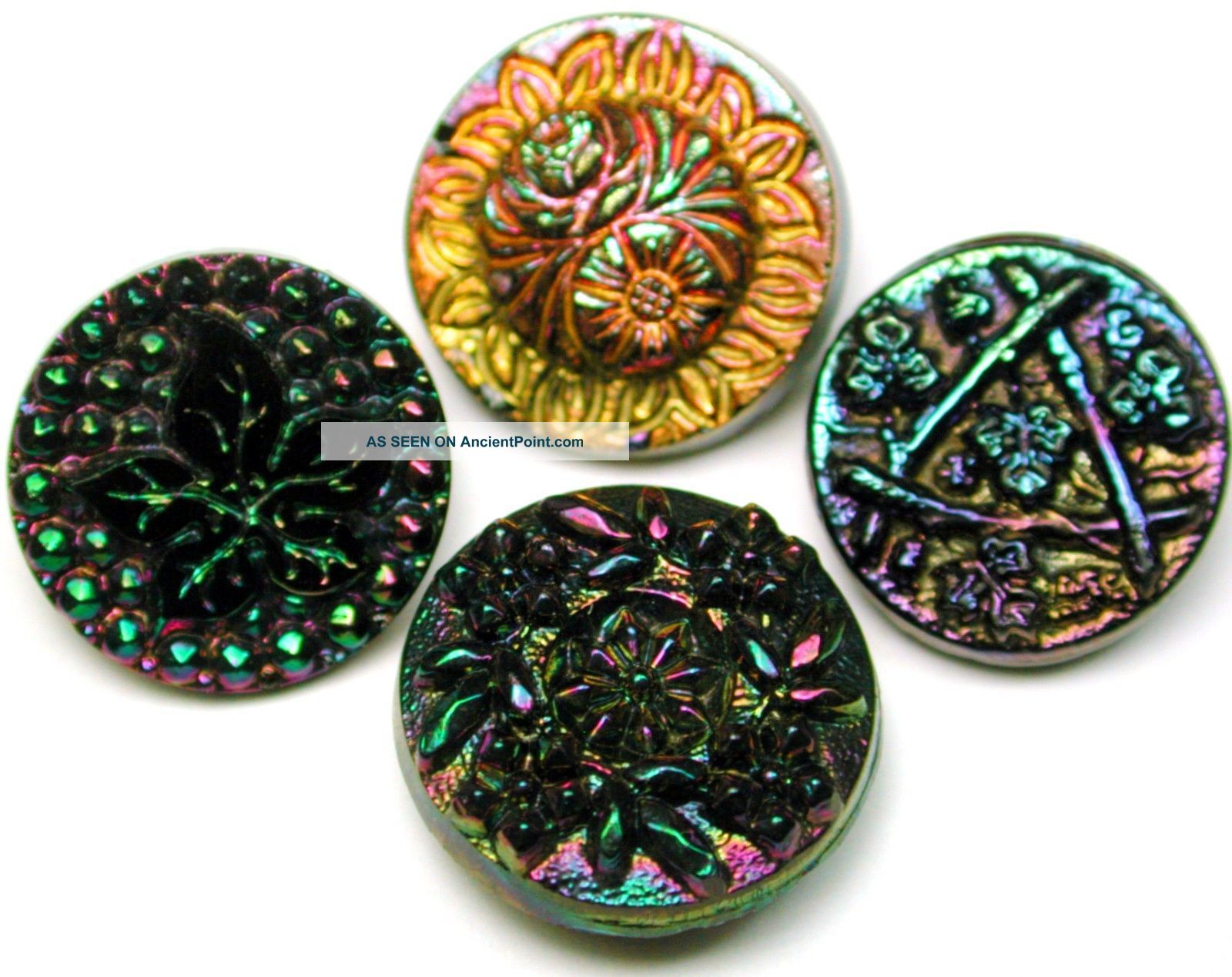 4 Antique Black Glass Buttons Floral Designs W/ Carnival Luster 5/8 