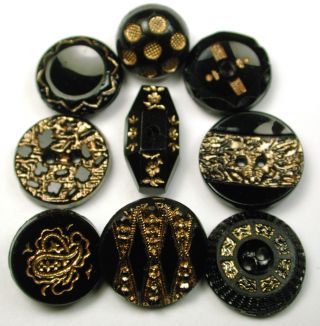 Antique Black Glass Buttons Of 9 Various Designs W/ Gold Luster photo