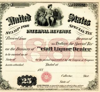Antique 1881 Moonshine Whiskey Still Liquor License Brewer Bar Distiller Keg Tax photo