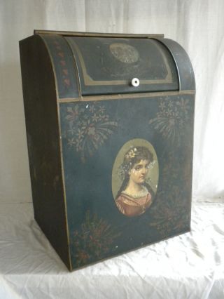 Large Antique Tin General Store Coffee,  Tea,  Flour Bin,  Tole Painted,  Victorian Lady photo
