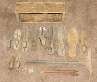 Antique Shoemaker Cobbler Tools Cast Iron Molds Stands And Wooden Box photo