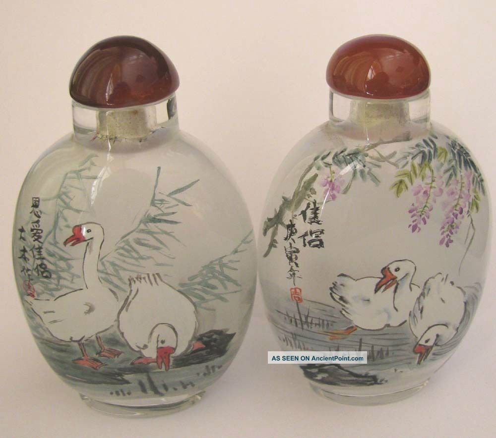 Glass Hand Inside Painting Double Geese Snuff Bottle&gift Box Snuff Bottles photo
