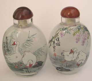 Glass Hand Inside Painting Double Geese Snuff Bottle&gift Box photo