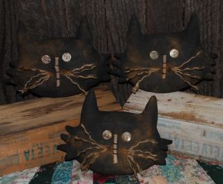 Primitive Black Cat Heads Bowl Fillers Halloween Tucks Fall Ornies Set Of 3 photo