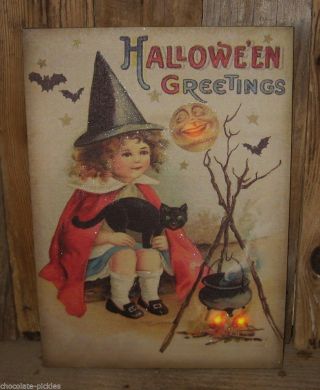 Halloween Lighted Canvas Picture Pilgrim Witch W/black Cat/moon Primitive Decor photo