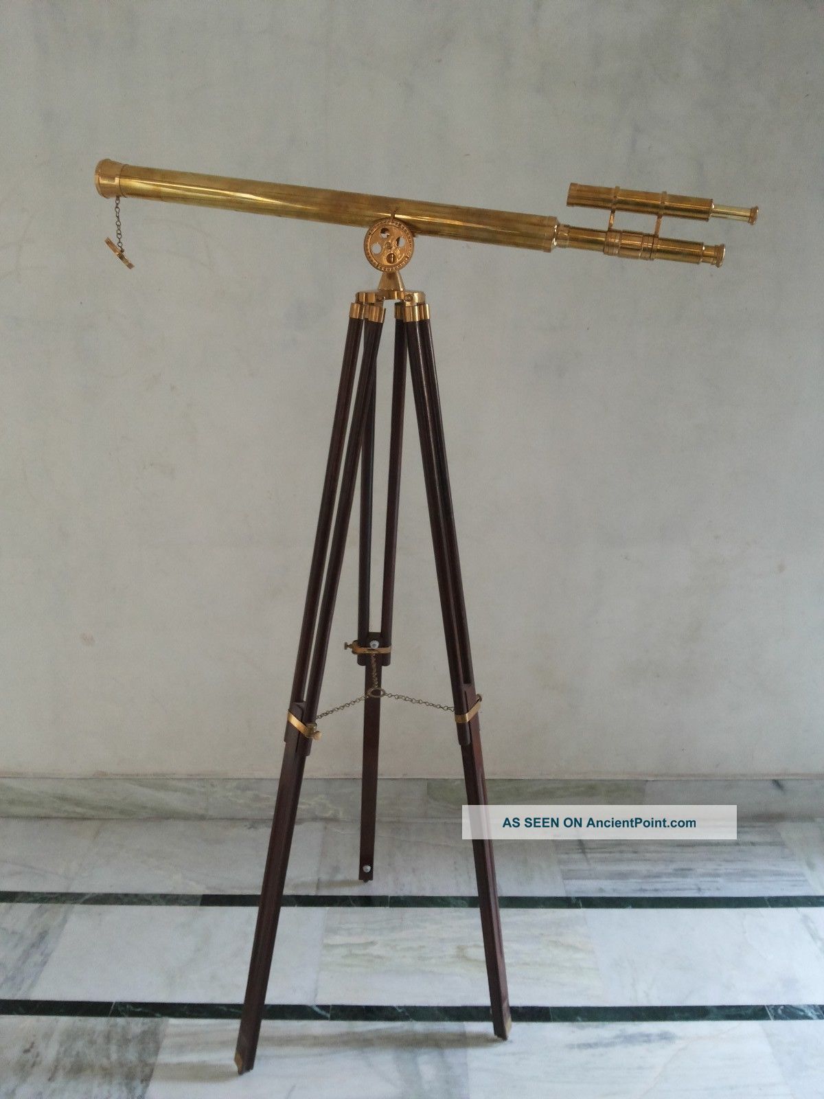 Brass Telescope Double Barrel Griffith Astro With Wooden Tripod Stand Telescopes photo
