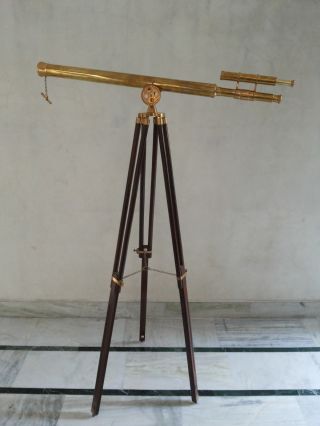 Brass Telescope Double Barrel Griffith Astro With Wooden Tripod Stand photo