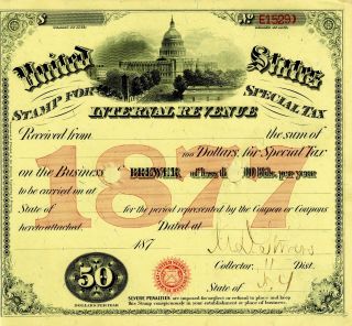 Antique 1877 Brewer Liquor Beer License Bar Distillery War Keg Tax New York photo
