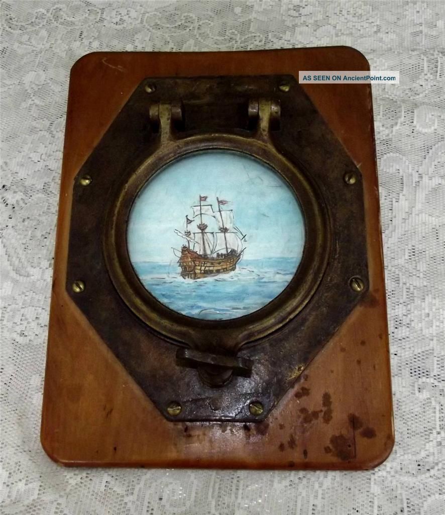 Antique Bronze Ships Porthole Brass Mounted With Antique Oil Painting On Canvass Portholes photo