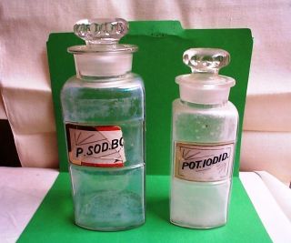 2 Antique Apothecary Bottles Label Under Glass Pot.  Iodid & P.  Sod.  Bo photo