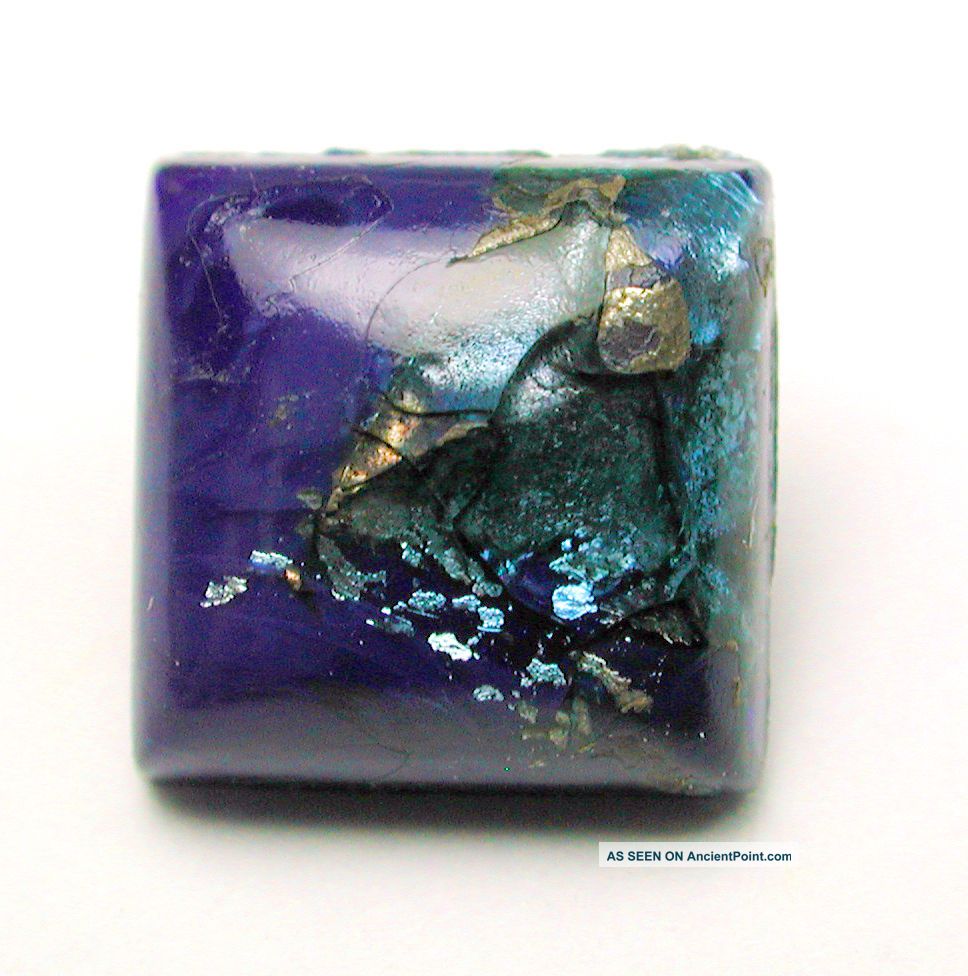 Antique Leo Popper Glass Button Cobalt Square W/ Blue & Silver 1/2 
