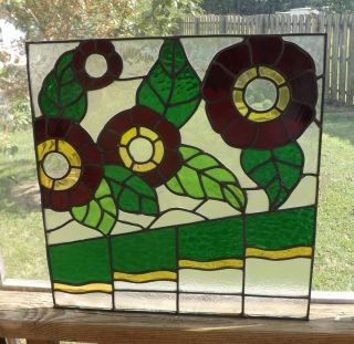 Vintage Stained Glass Window Panel Floral Red Flowers Leaded Glass Green Ornate photo