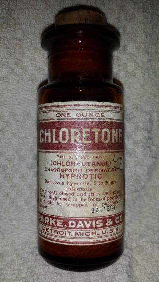 Vintage Chloretone (chlorbutanol) Bottle 1oz.  By Parke Davis photo