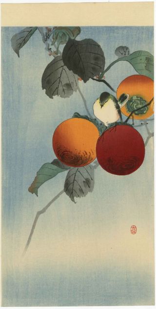 Koson Japanese Woodblock Print Bird On Persimmon 1920s photo