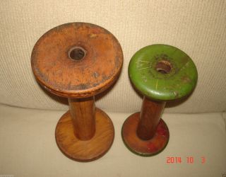 Aafa 2 Antique Sewing Mill Thread Spool Bobbin Pumpkin & Green Paint Ny photo