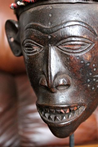 Lwena Pwo Face Mask W/beaded Leather Helmet / Headdress African Art (dr Congo) photo