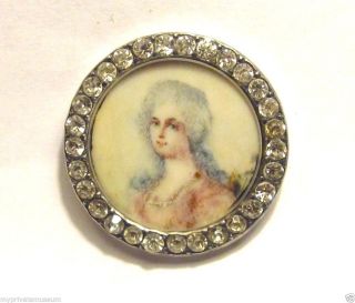 Antique French Silver+jewels+painted Miniature Marie Antoniette Portrait Button photo