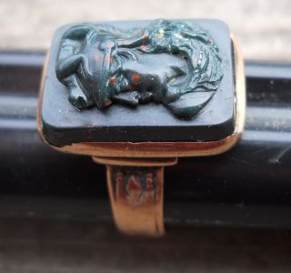 Antique /possibly Ancient Pallas Athena W/ Dragon Bloodstone Cameo Ring Rose 14k photo