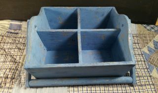 Primitive Tool Garden Wooden Carrier Divided Box W/ Grungy Dry Blue Paint photo