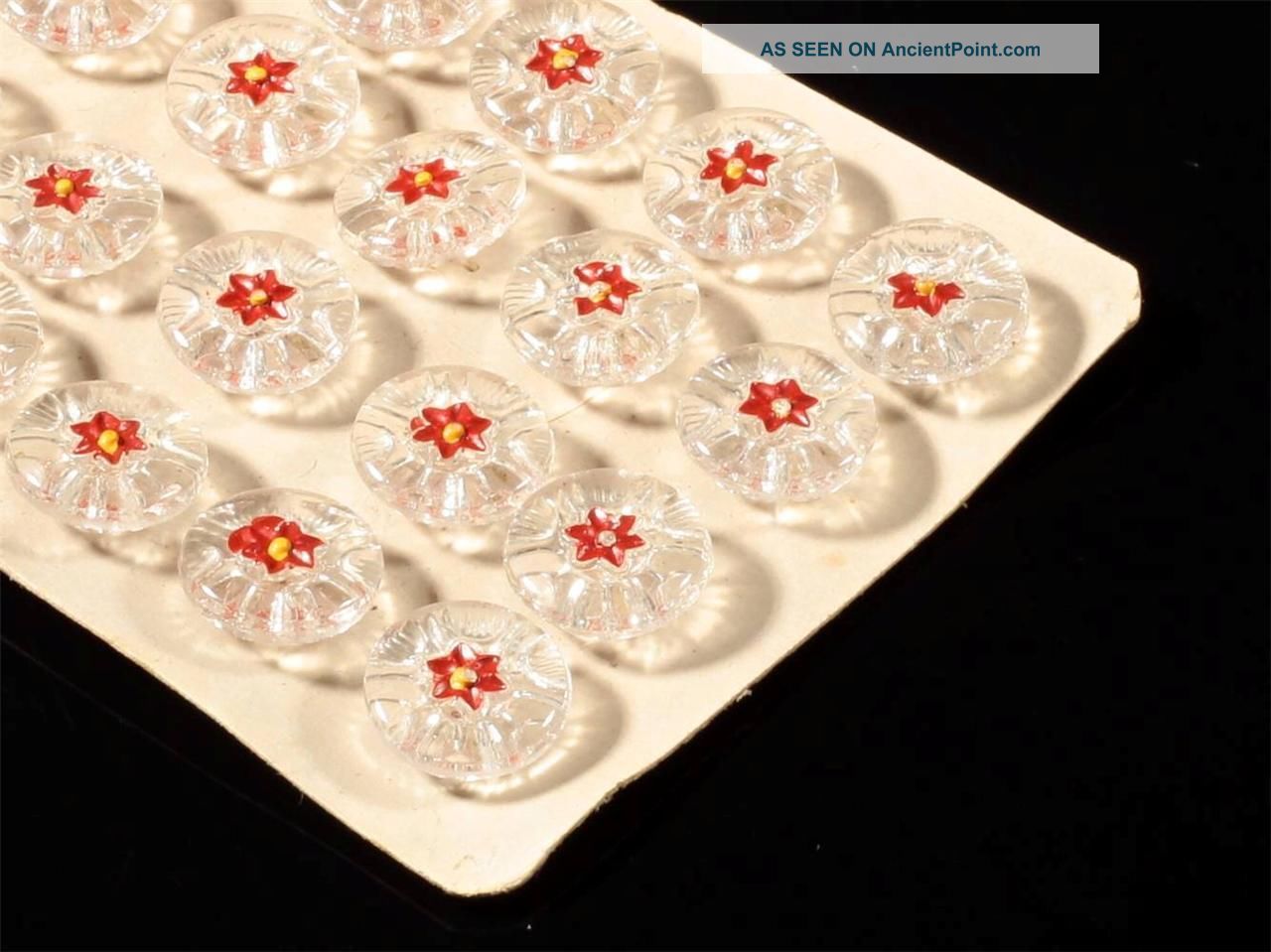 Card (24) 13mm Czech Bohemian Vintage Crystal Red Flower Glass Buttons Buttons photo