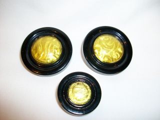 Vintage Set Of 3 Bakelite Buttons Black & Yellow Gold Or Brass Inlayed Center photo