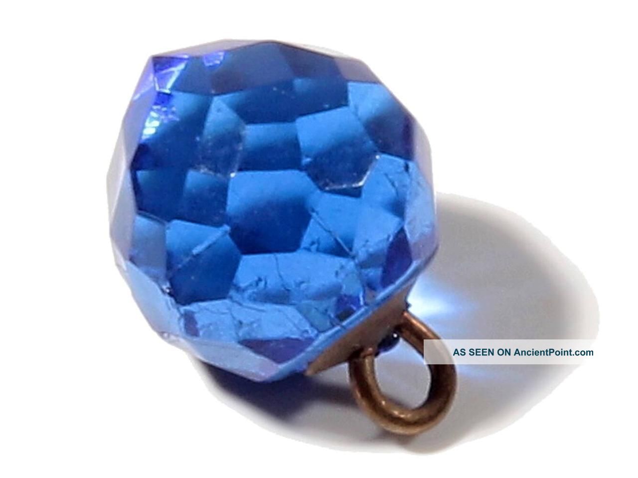 (1) 11mm Rare Victorian Czech Faceted Sapphire Blue Glass Waistcoat Ball Button Buttons photo