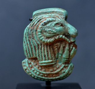 Egyptian Turquoise Faience Amulet,  Bust Of Ram God Khnum And Lotus.  Provenance. photo