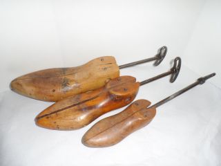 3 Antique Wood Shoe Stretchers For Display Adult To Child Size Vintage photo