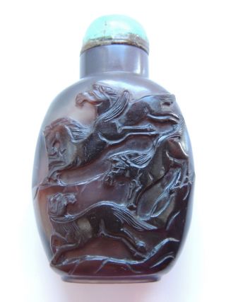 Chinese Agate Bottle “eight Horses” With Turquoise Cap. photo