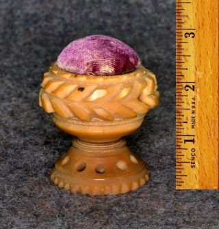 Carved Vegetable Ivory Pedestal Sewing Pin Cushion Antique 1800s photo