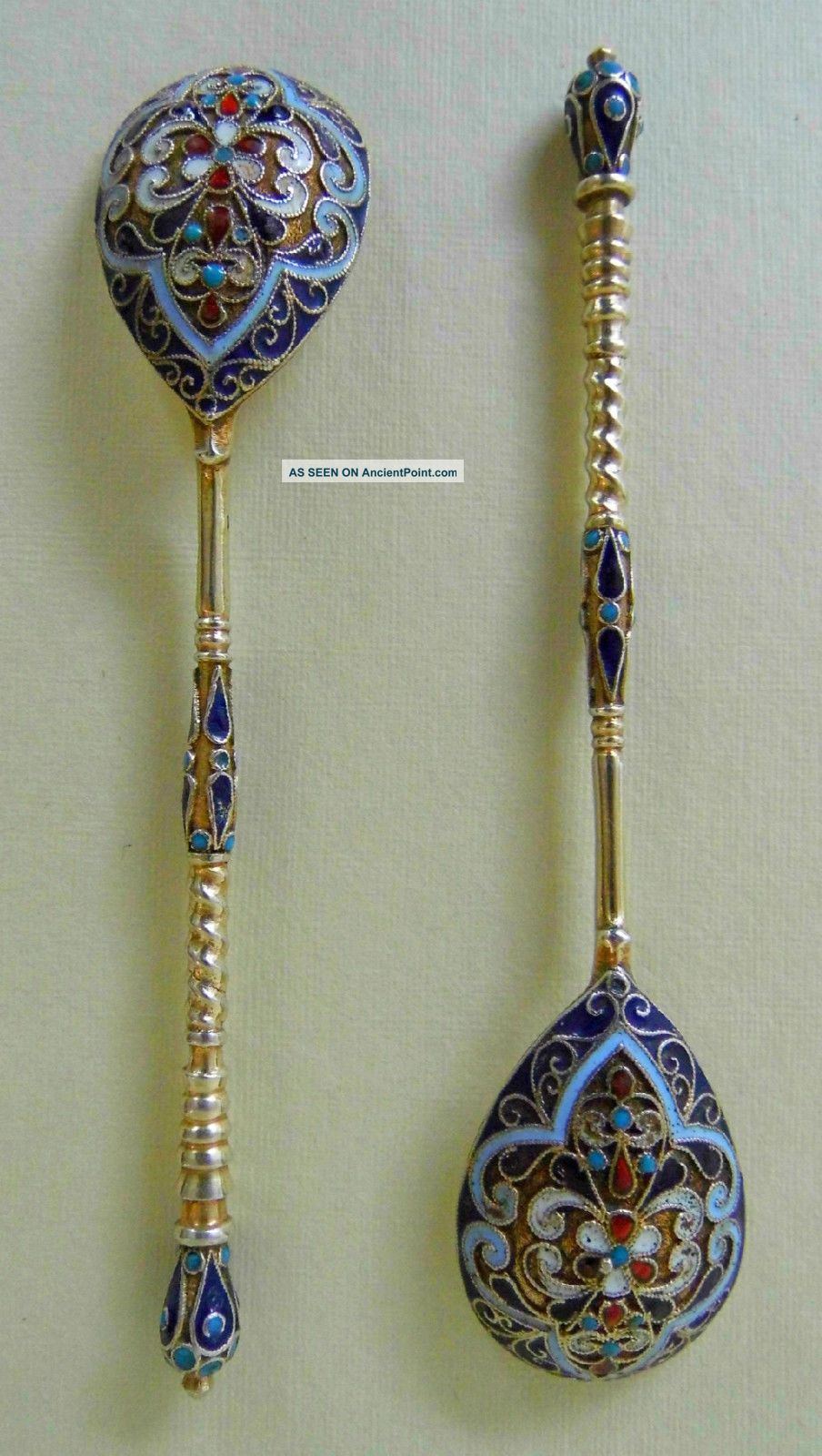 Antique Imperial Russian Spoons Silver & Cloisonne,  Gilded.  A Pair.  Very Pretty. Russian photo