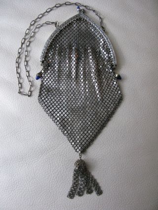 Antique Art Nouveau G Silver Cobalt Blue Jewel Charm Clasp Chain Mail Mesh Purse photo