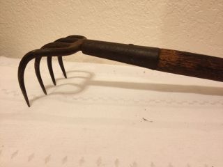 Old Vintage Thick Curved Iron Oak Pitchfork Digging Taters Well Attached Nc Blue photo