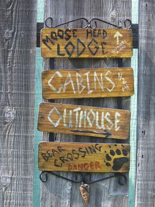 Primitive Rustic Lodge Directional Sign Indoor Cabin Wall Plaque Handpainted photo