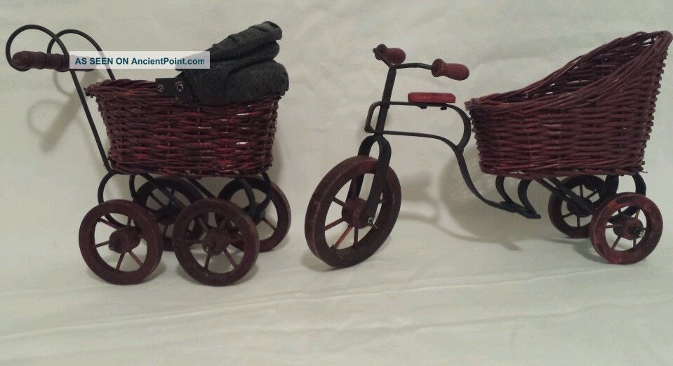Vintage Wicker Wood Cloth Metal Miniature Baby Doll Buggy & Tricycle Baby Carriages & Buggies photo