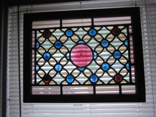 C.  1900 Antique Victorian Stained Glass Window,  23 Roundels,  Walnut Frame photo
