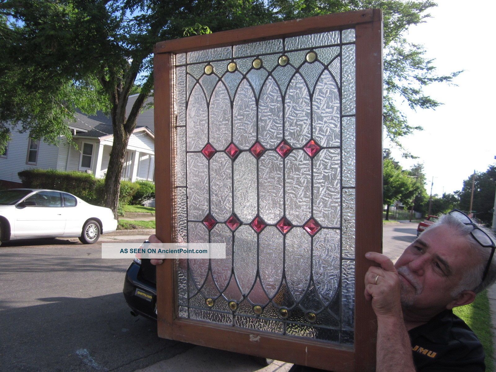 C.  1920 Antique Stained Glass Window,  Perfect For A Bathroom,  Frame 1900-1940 photo