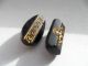 2 Antique Black Glass Bar Buttons Fancy Designs W/ Gold Luster Self Shank Buttons photo 2