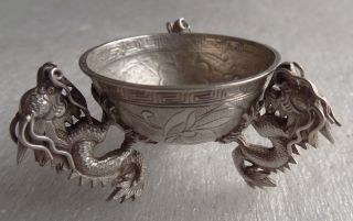 Antique Vintage Chinese China Sterling Silver Dragon Salt Cellar Bowl photo