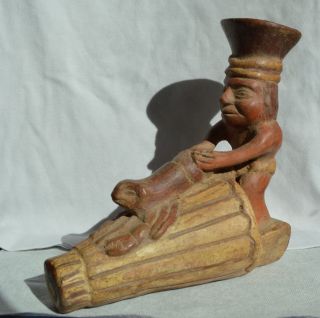 Pre - Columbian Moche Polychrome Ceramic Stirrup Vessel - 600 Ad photo
