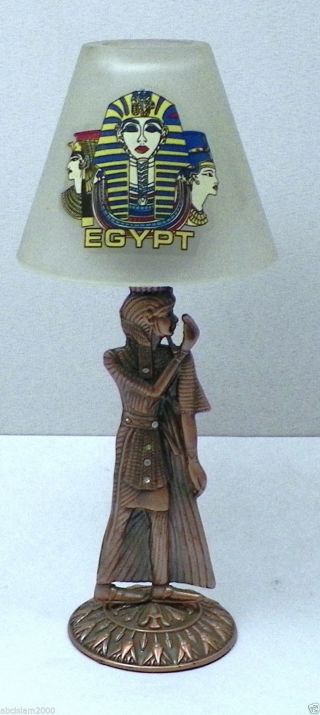 Egyptian Pharaoh Bronze Statue Candle With Pharaoh Glass Shade,  Collectable photo
