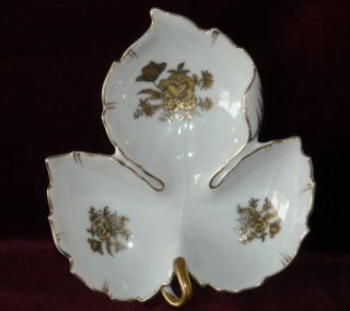 Leaf Shape Dish,  Gold Flowers In 3 Sections With Gold Handle & Lavish Gold Acce photo