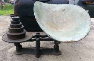 Antique Scale Drug Store Candy Cast Iron Steampunk Primitive Balance Beam Pan photo