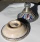 Antique Fes Fez 2 Pc.  Tagine,  Moroccan Hand Painted Pottery,  Silver Trim,  Signed Tureens photo 2