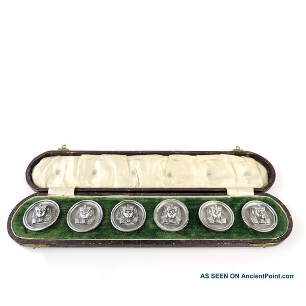 Novelty Set Of 6 Egyptian Revival Silver Plated Sphinx Buttons Europe Ca 1900 Buttons photo