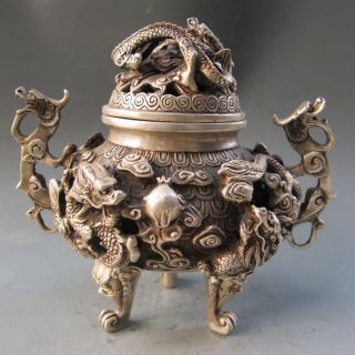 Oriental Ancient Silver Copper Incense Burner W Qianlong Mark & Lid W Dragon Nr photo